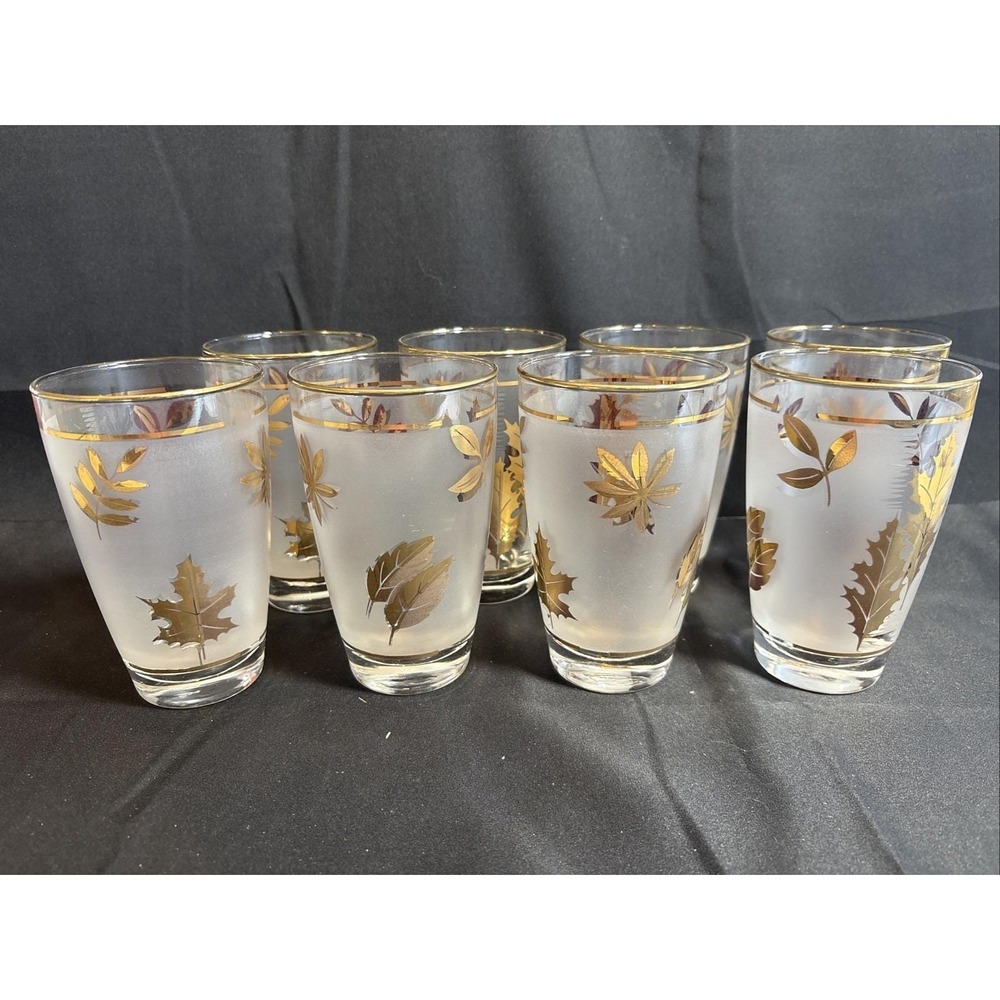 Vintage MCM  Libbey Gold Leaf Drinking Tumbler Glasses Set of Eight 5.25" Tall